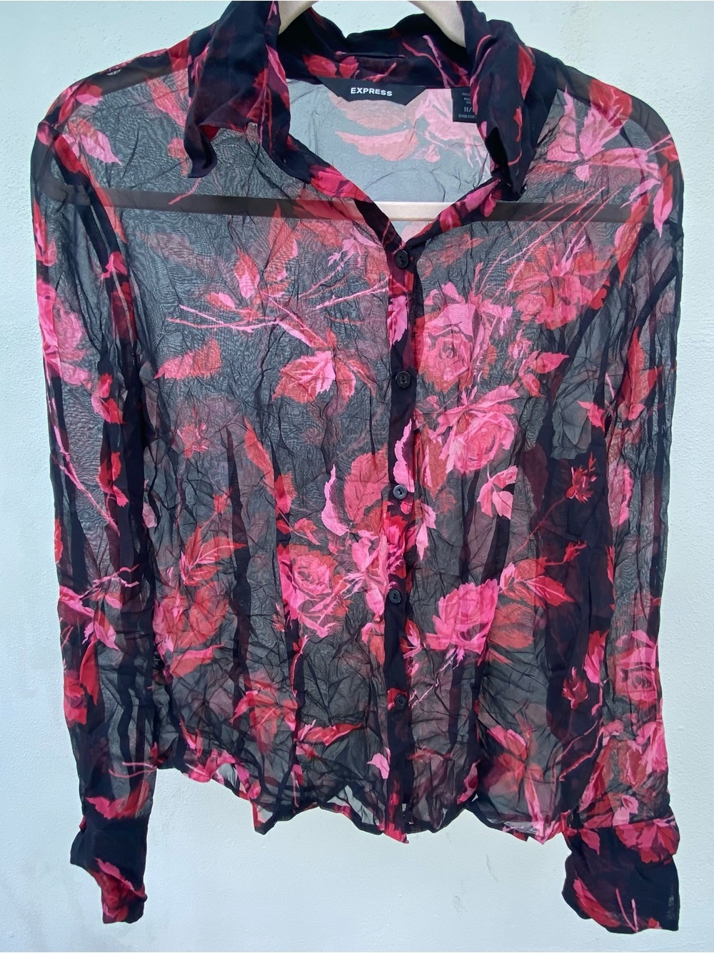 Y2K 100% Silk Black & Red Pink Rose Floral Button Down Blouse Size 11/12 Large